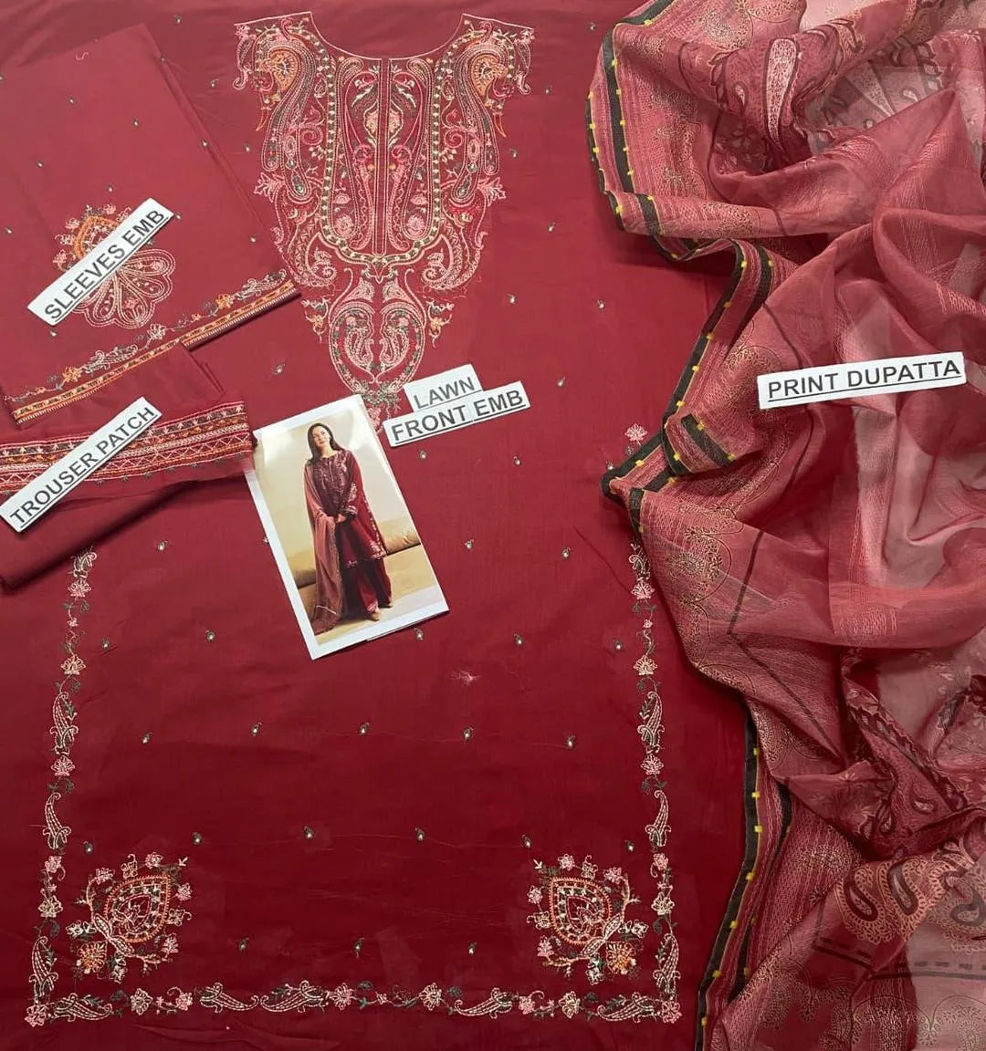 3 Pcs Women's Unstitched Embroidered Suit