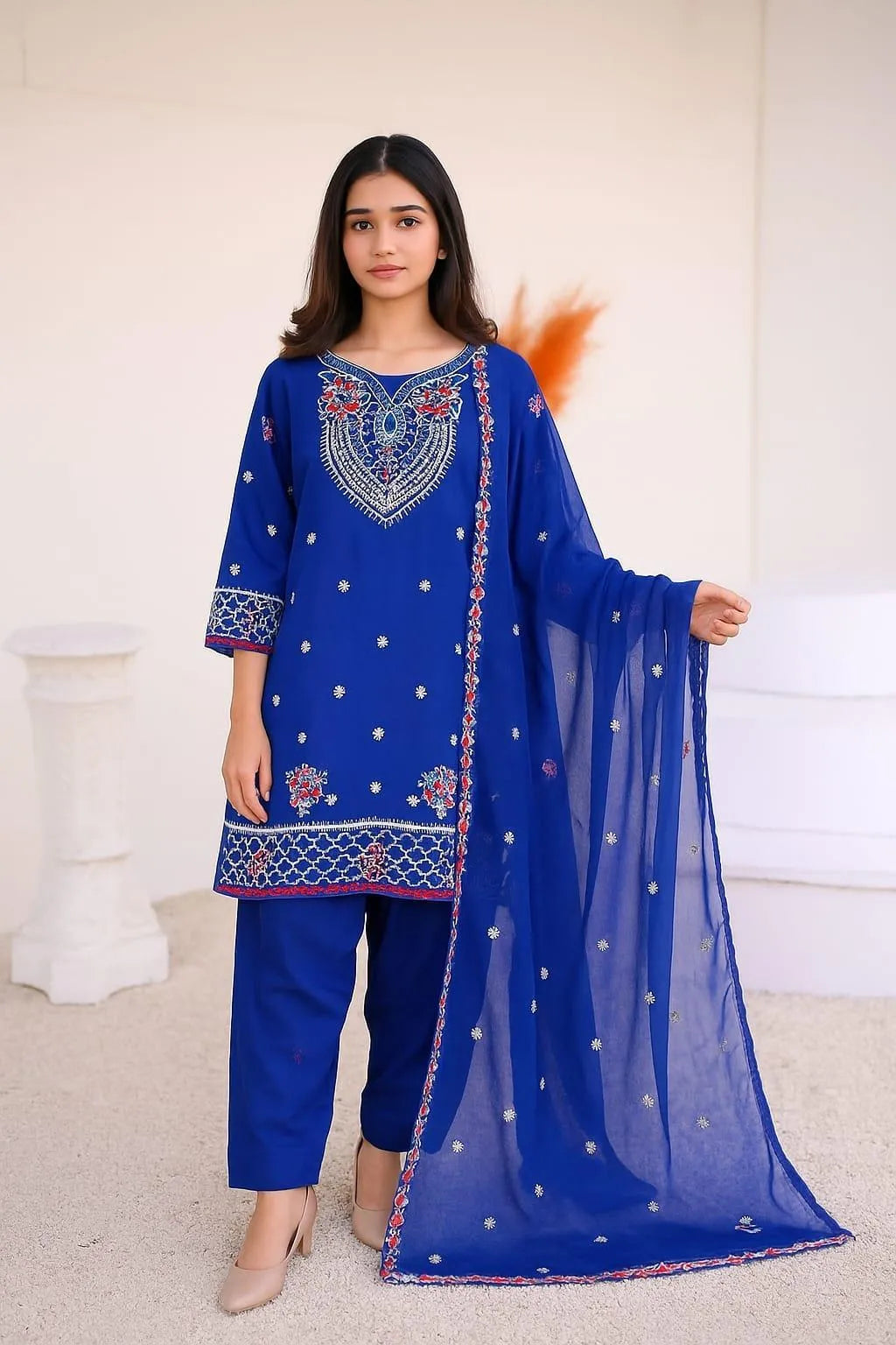 3 Pcs Women's Stitched Chiffon Embroidered Suit