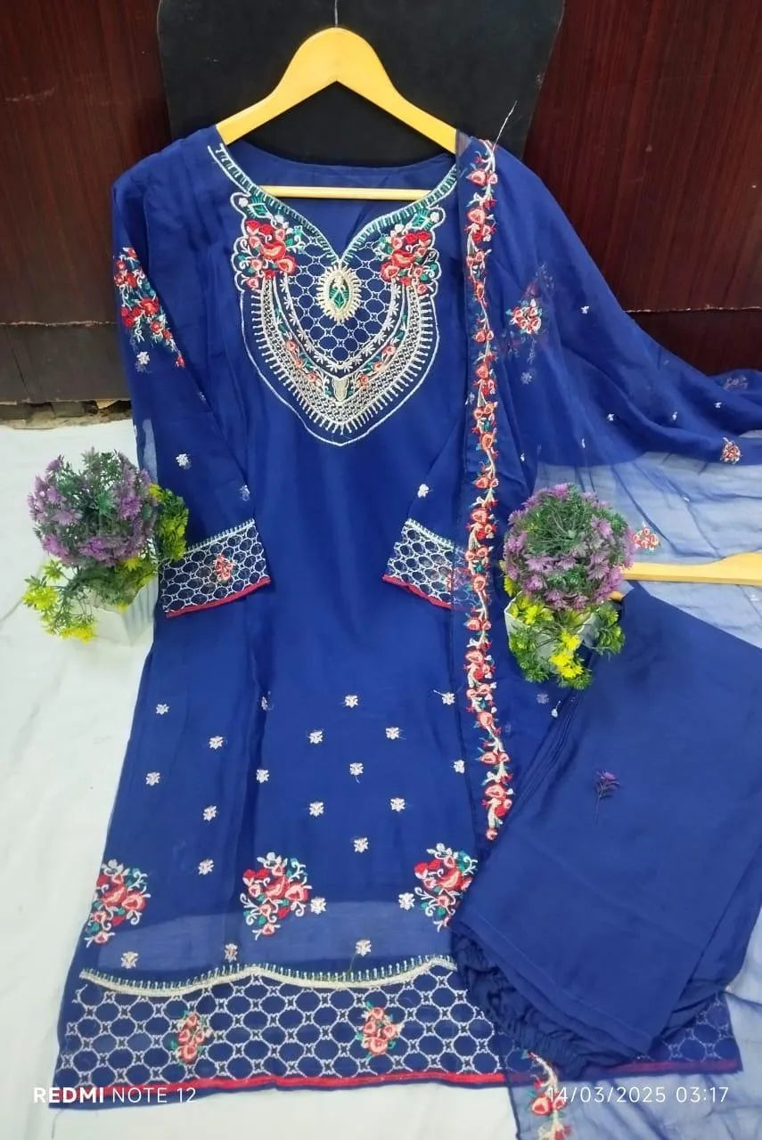 3 Pcs Women's Stitched Chiffon Embroidered Suit
