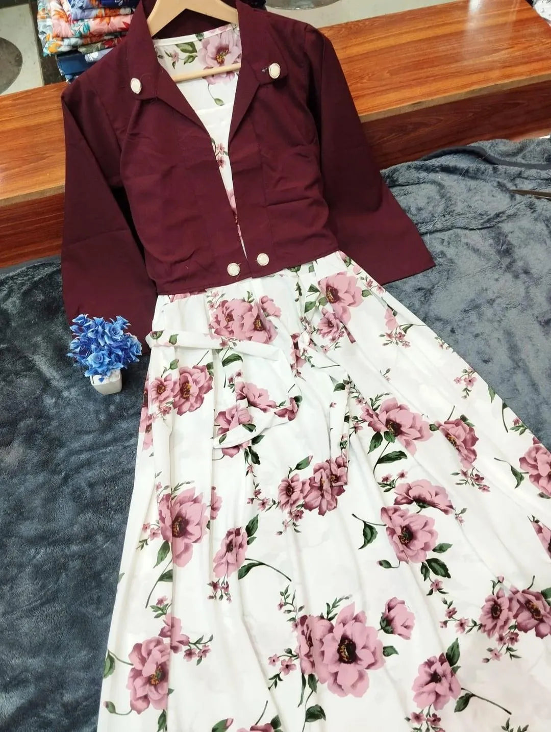 2 Pcs Women's Stitched Georgette Printed Maxi And Jacket