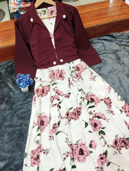 2 Pcs Women's Stitched Georgette Printed Maxi And Jacket