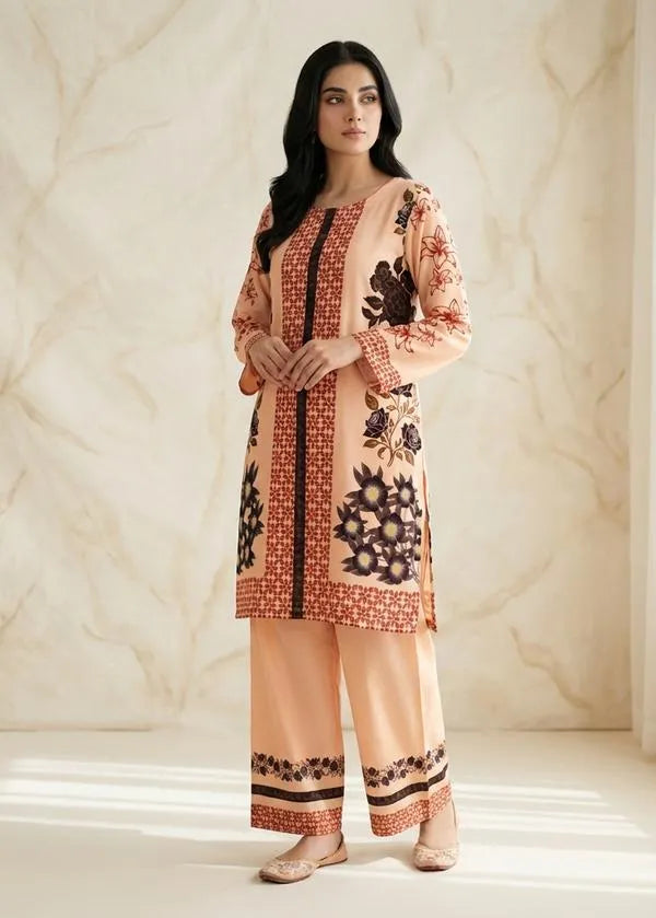 2 Pcs Women's Stitched Linen Printed Shirt And Trouser