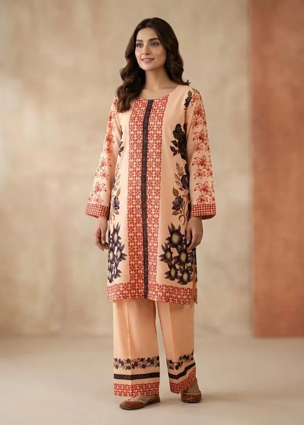 2 Pcs Women's Stitched Linen Printed Shirt And Trouser