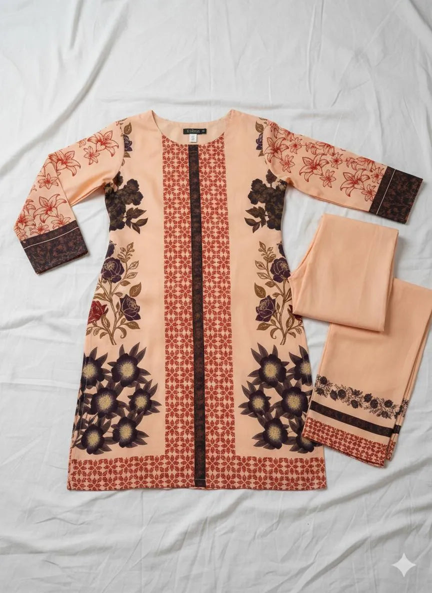 2 Pcs Women's Stitched Linen Printed Shirt And Trouser