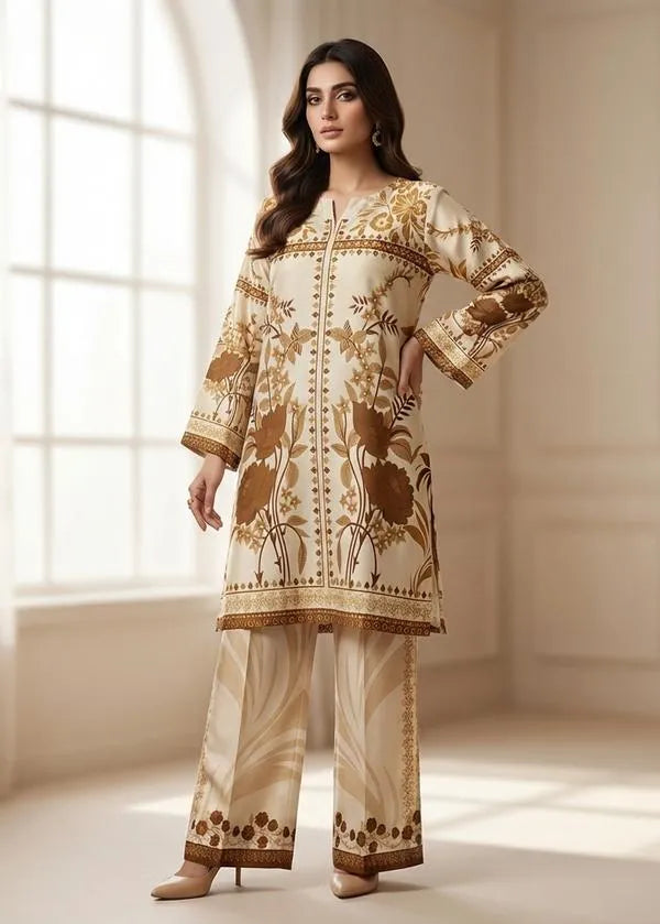2 Pcs Women's Stitched Linen Printed Shirt And Trouser
