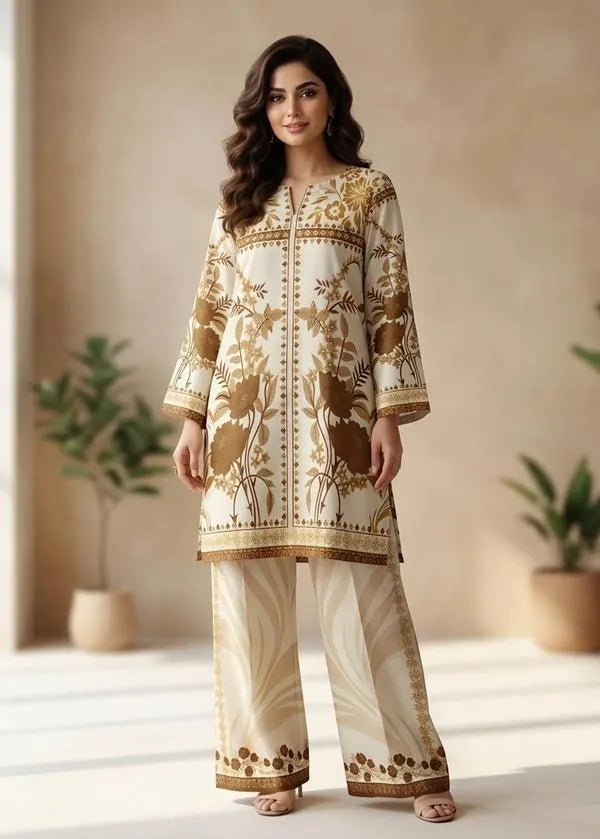 2 Pcs Women's Stitched Linen Printed Shirt And Trouser