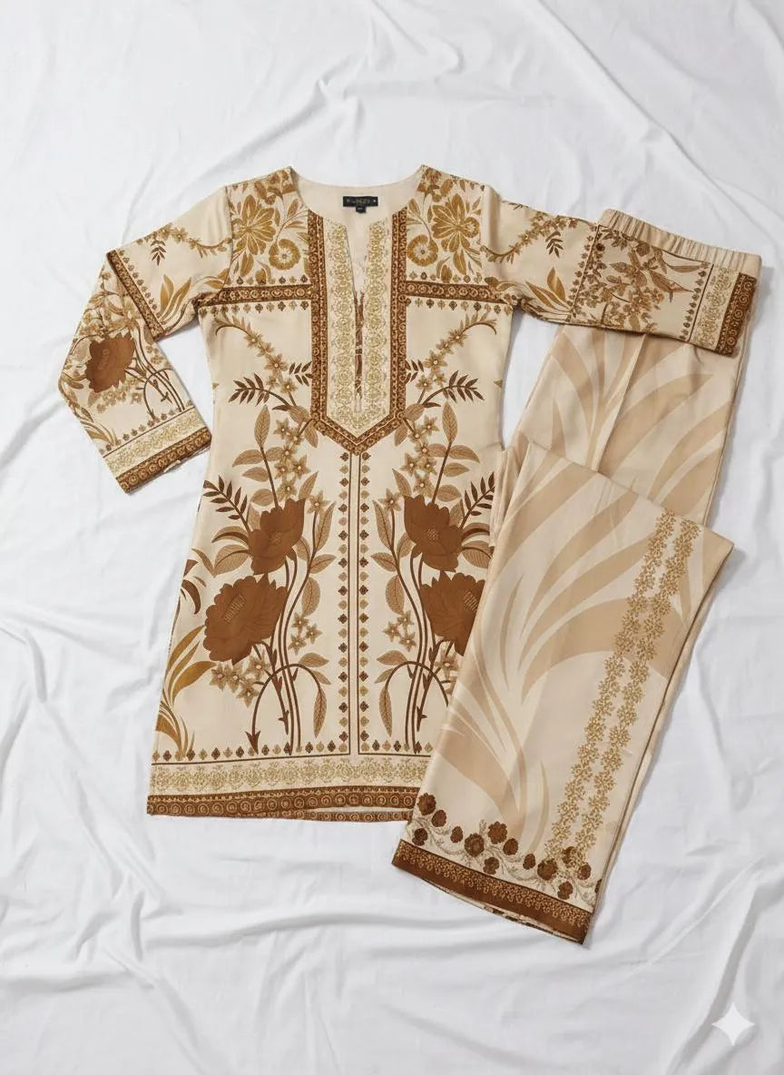 2 Pcs Women's Stitched Linen Printed Shirt And Trouser