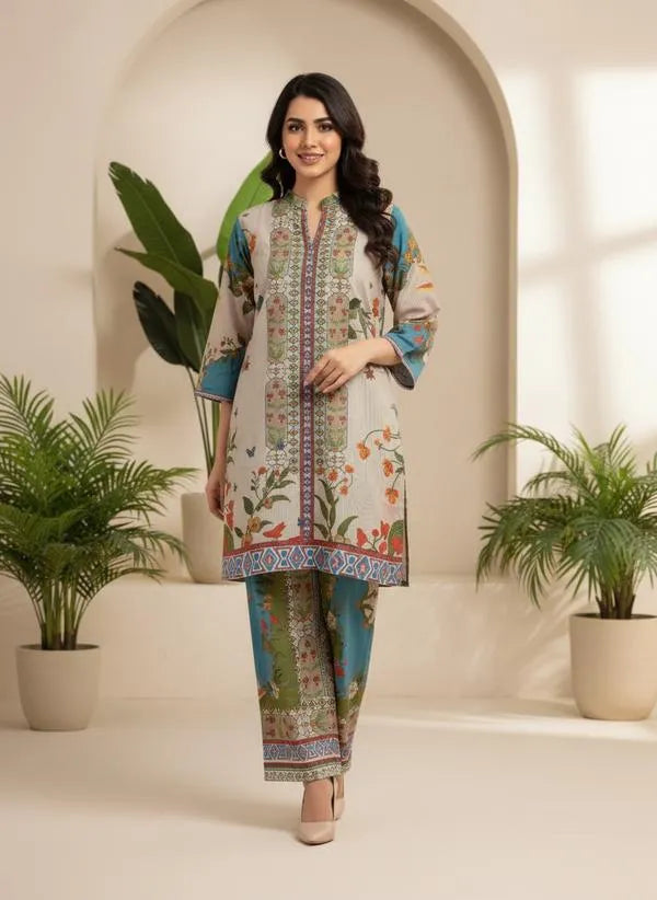 2 Pcs Women's Stitched Linen Printed Shirt And Trouser