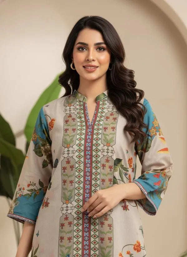 2 Pcs Women's Stitched Linen Printed Shirt And Trouser