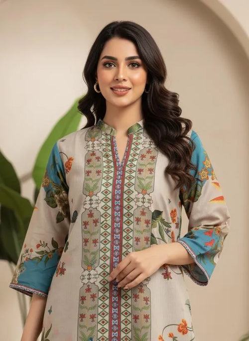 2 Pcs Women's Stitched Linen Printed Shirt And Trouser