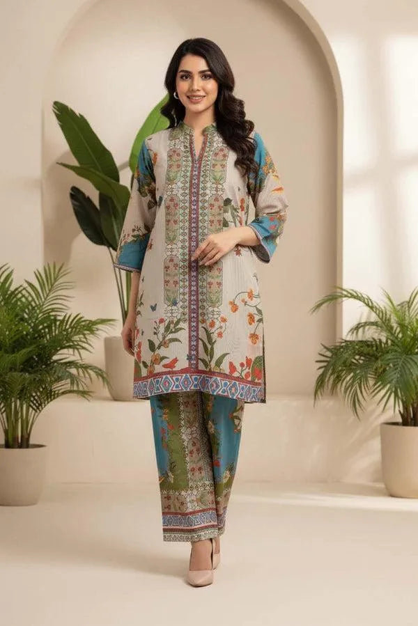 2 Pcs Women's Stitched Linen Printed Shirt And Trouser