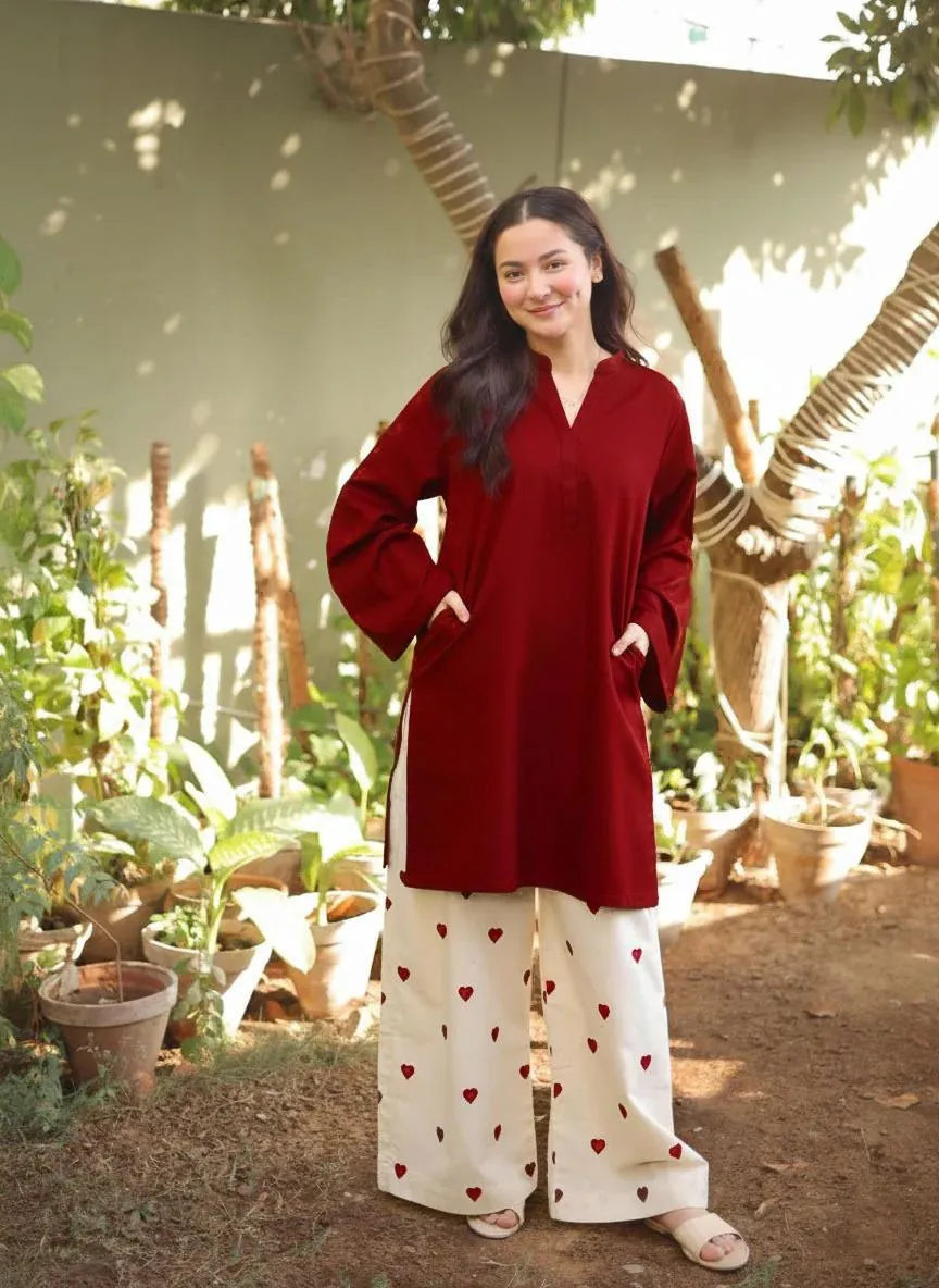 2 Pcs Women's Stitched Cotton Embroidered Shirt And Trouser