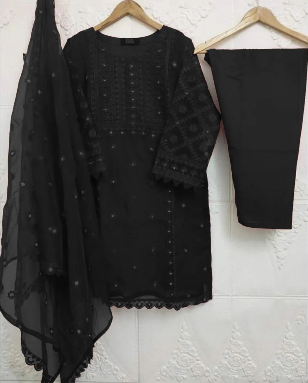 3 Pcs Women's Stitched Organza Embroidered Suit