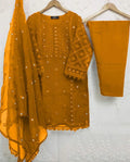 3 Pcs Women's Stitched Organza Embroidered Suit