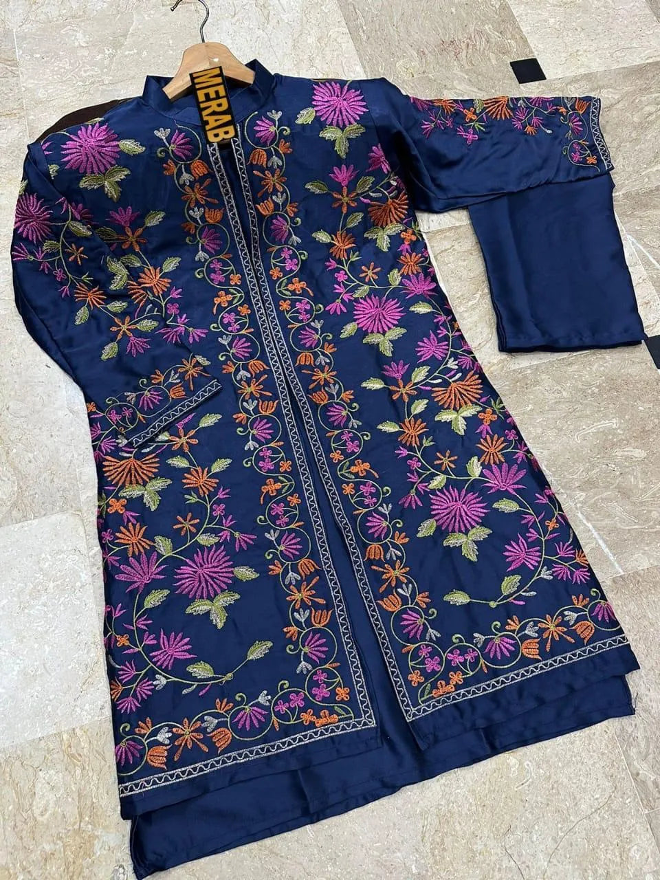 2 Pcs Women's Stitched Shamoz Silk Embroidered Shirt And Trouser