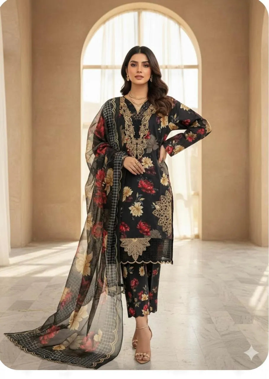 3 Pcs Women's Stitched Dobby Lawn Plain Suit