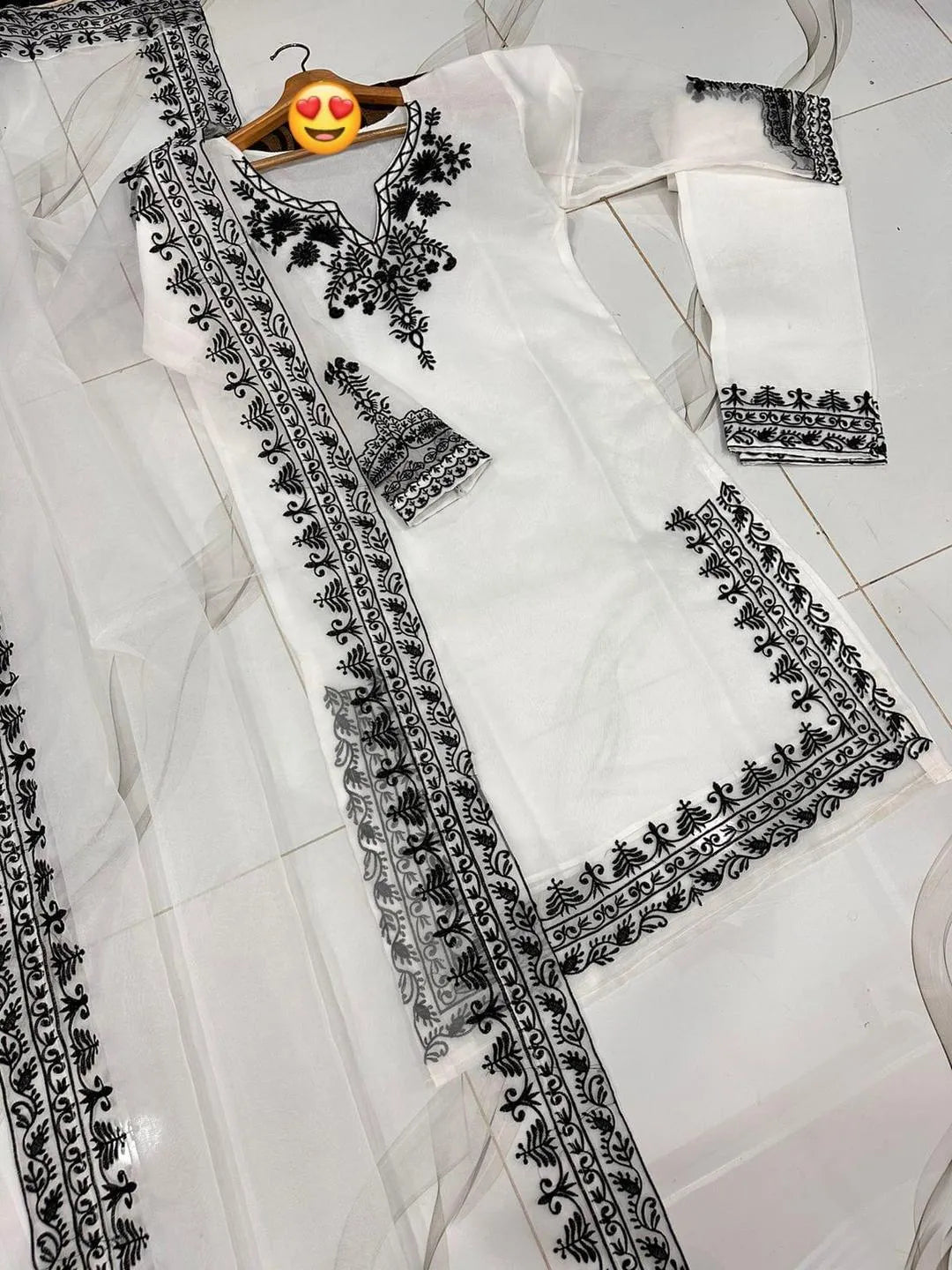 3 Pcs Women's Stitched Organza Embroidered Suit