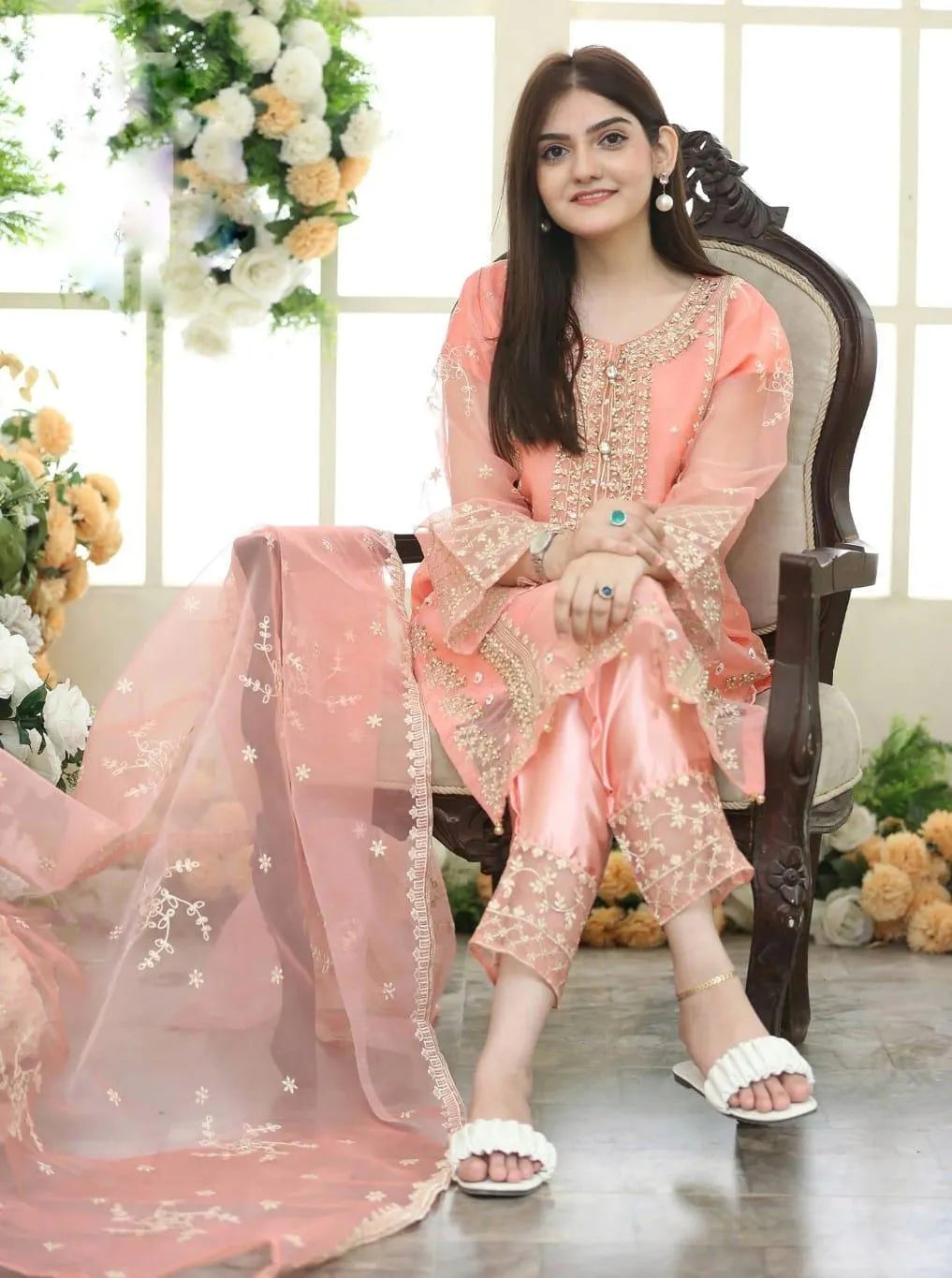 3 Pcs Women's Stitched Organza Embroidered Suit
