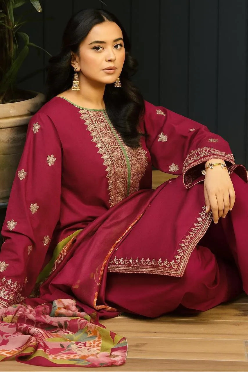 3 Pcs Women's Unstitched Embroidered Suit